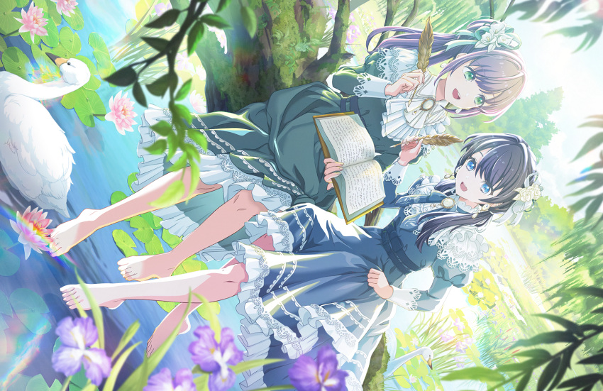 2girls, :d, aqua_ribbon, ascot, barefoot, bird, blue_dress, blue_eyes