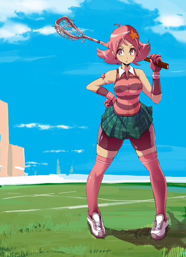 bike_shorts, brown_eyes, curvy, gloves, hekemori, lacrosse_stick, original, pink_hair, short_hair, striped, striped_shirt, thigh-highs