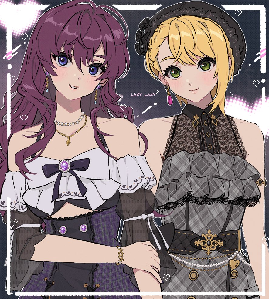 2girls, ahoge, bare_shoulders, belly_chain, belt, black_background, black_belt, black_ribbon