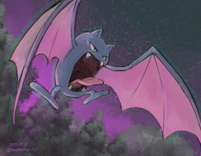 black_eyes, commentary_request, dated, fangs, flying, golbat, highres, kurakimikage327