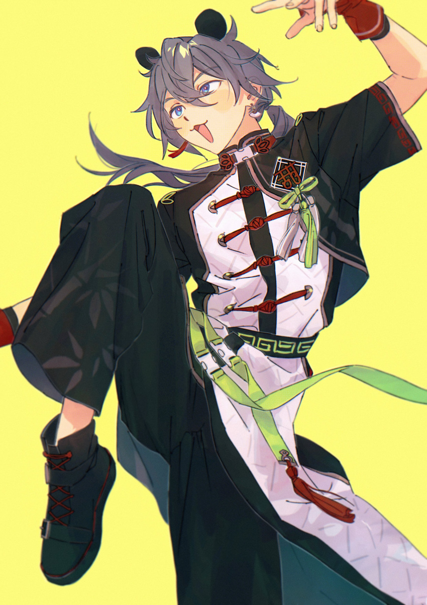 1boy, :3, absurdres, animal_ears, arm_up, black_footwear, black_pants, cowboy_shot