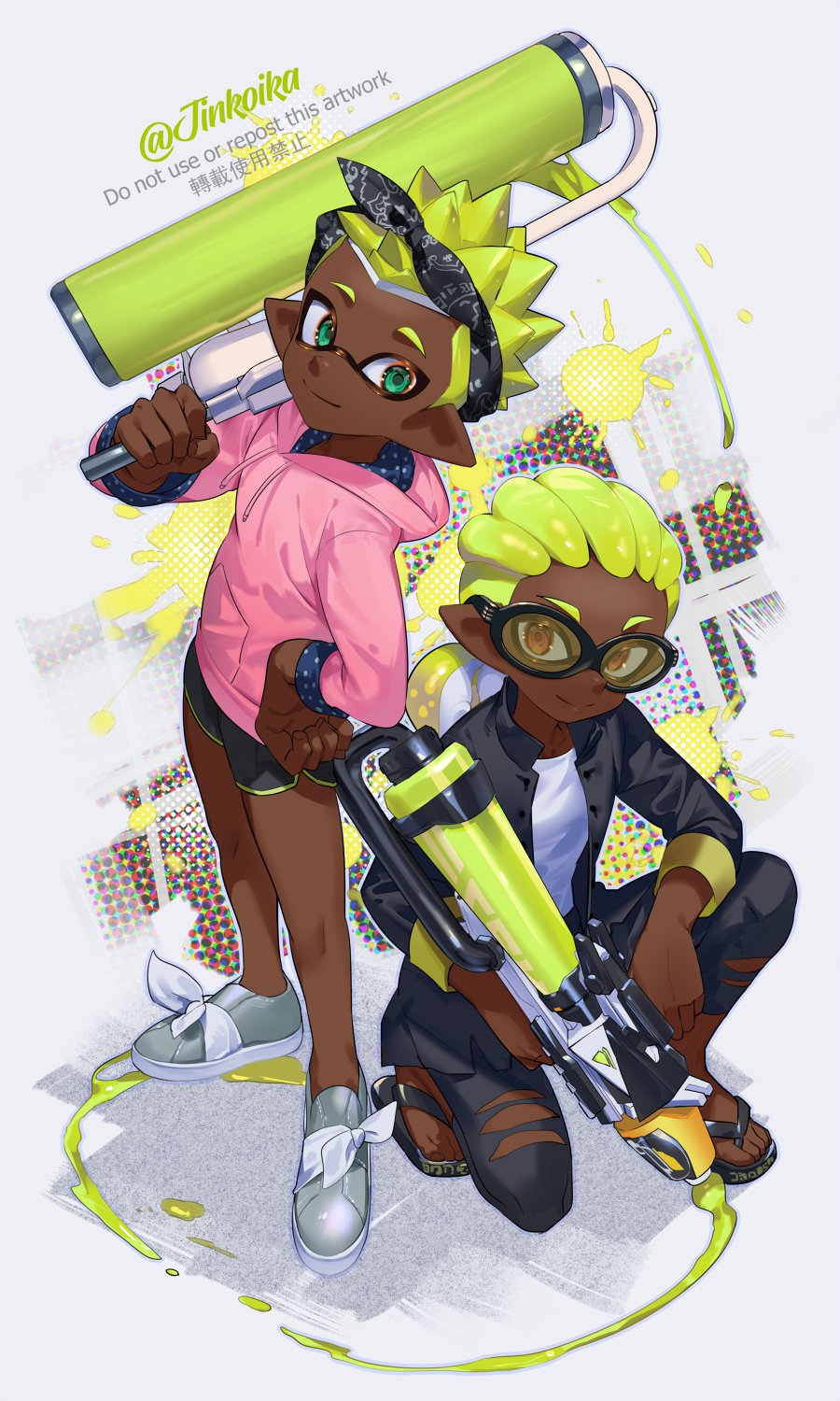 2girls, artist_name, bandana, black-framed_eyewear, black_bandana, black_footwear, black_jacket, black_leggings