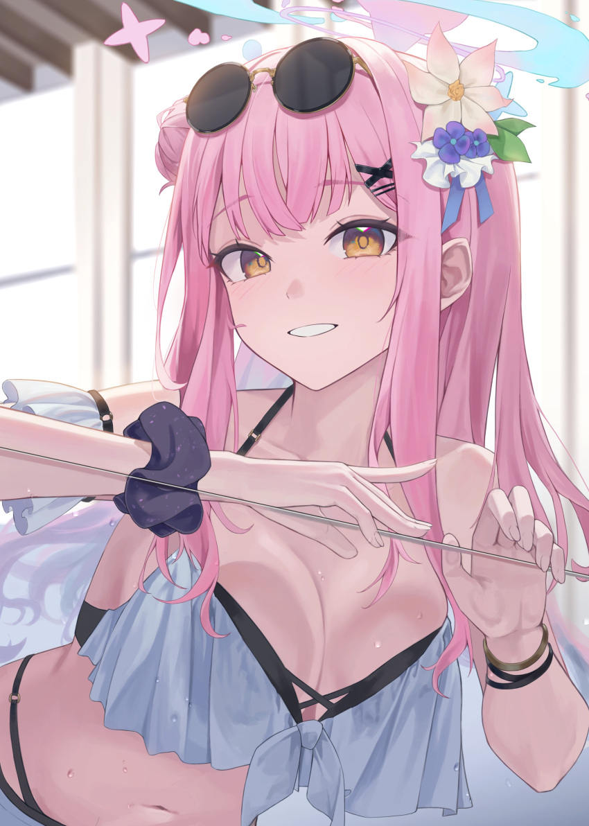 1girl, absurdres, bikini, black_scrunchie, blue_archive, blue_hair, blurry, blush
