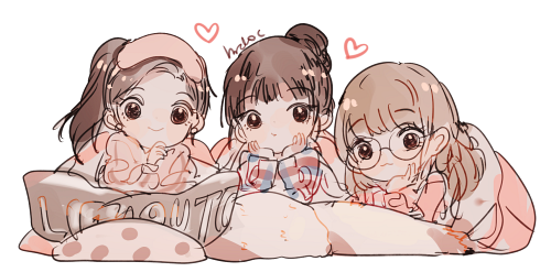 3girls, artist_name, blonde_hair, blunt_bangs, brown_hair, chibi, earrings, english_commentary, glasses, hair_bun, hands_on_own_face, heart, hrd0c, irene_(red_velvet), jewelry, k-pop, looking_at_viewer, lowres, multiple_girls, ponytail, real_life, red_velvet_(group), seulgi_(red_velvet), under_covers, wendy_(red_velvet)