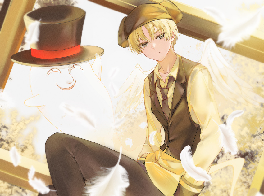 >:(, 1boy, angel_wings, animal_ears, black_hat, black_necktie, black_pants, black_vest