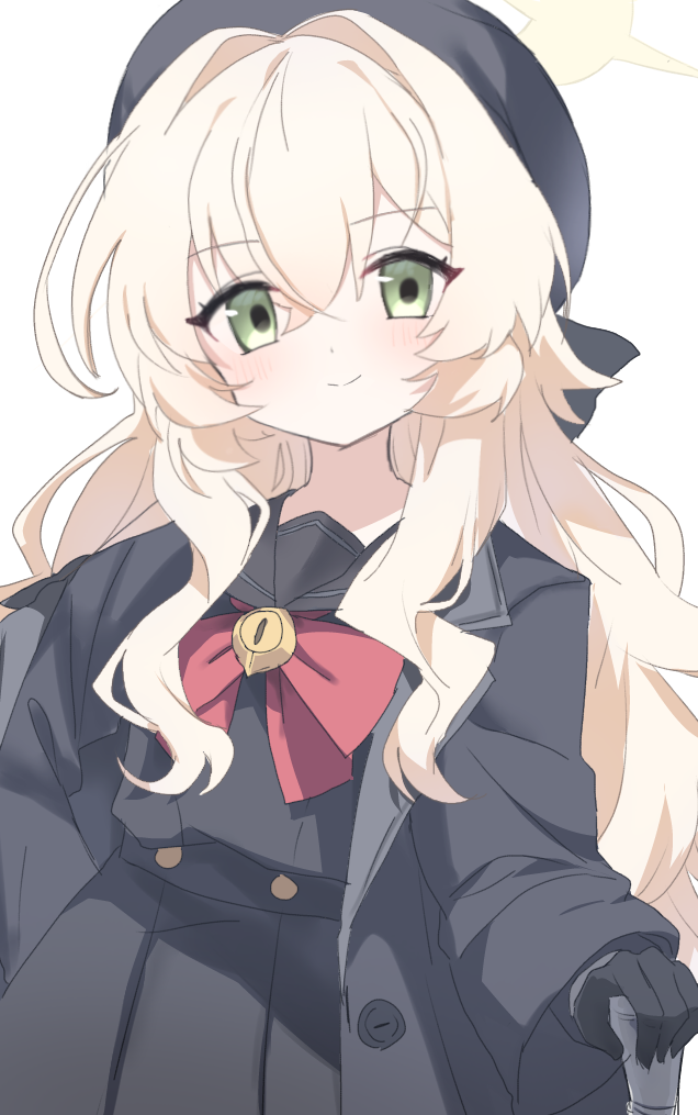 black_coat, black_gloves, black_hat, black_serafuku, blonde_hair, blue_archive, cane, coat