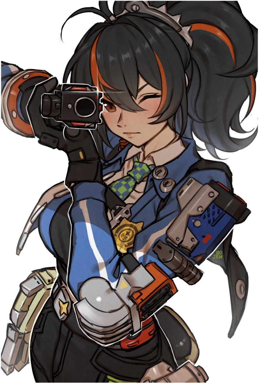 1girl, absurdres, ahoge, aiming, aiming_at_viewer, black_gloves, black_hair, black_pants