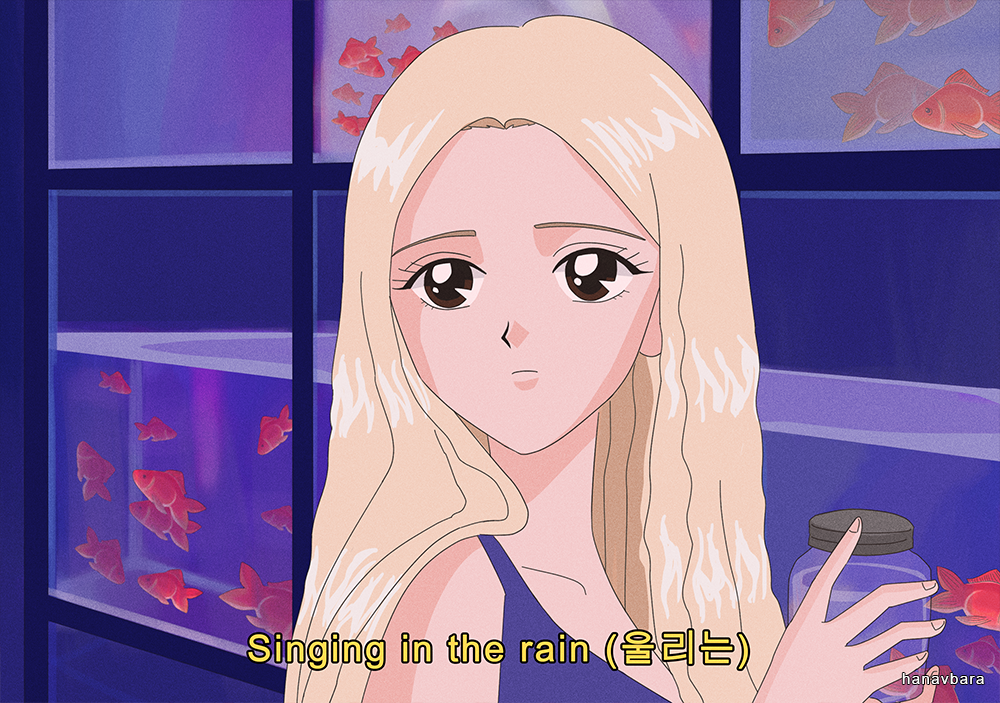 1girl, aquarium, artist_name, blonde_hair, brown_eyes, closed_mouth, dress, english_commentary