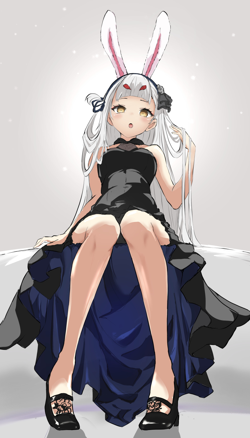 1girl, absurdres, animal_ears, arm_up, azur_lane, black_dress, black_footwear, brown_eyes, dress, grey_background, hairband, hand_in_own_hair, highres, legs, long_hair, looking_at_viewer, noshibukuro, open_mouth, rabbit_ears, rabbit_girl, shimakaze_(azur_lane), shoes, simple_background, sitting, sleeveless, sleeveless_dress, solo, thighs, very_long_hair, white_hair