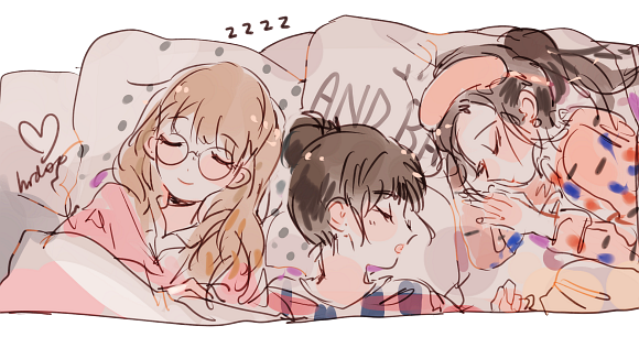 3girls, artist_name, blonde_hair, blunt_bangs, brown_hair, closed_eyes, earrings, english_commentary