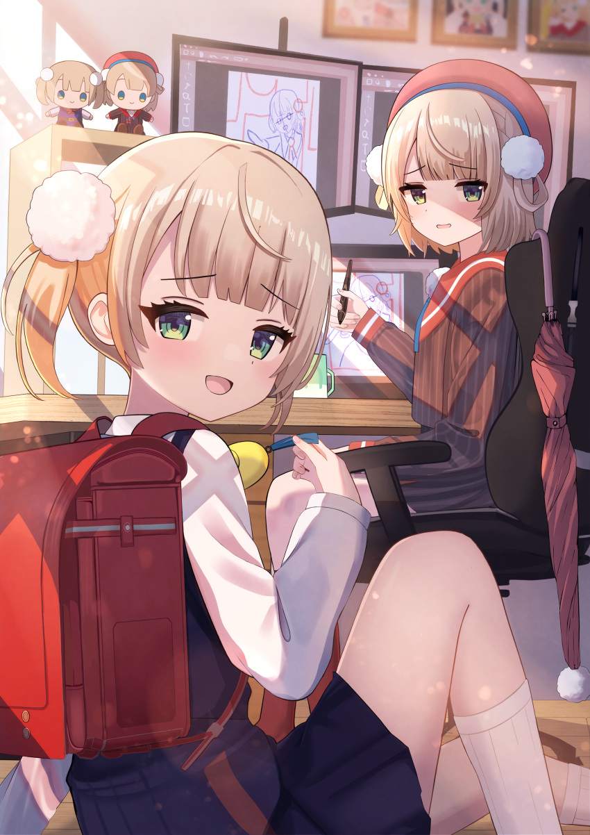 2girls, absurdres, aoraine, backpack, bag, beret, blonde_hair, blue_ribbon, chair, character_doll, crime_prevention_buzzer, cup, desk, dress, dual_persona, green_eyes, hair_ornament, hair_rings, hat, highres, holding, holding_stylus, jacket, knee_up, kneehighs, looking_at_viewer, monitor, mug, multiple_girls, office_chair, photo_(object), picture_frame, pinafore_dress, pinstripe_jacket, pinstripe_pattern, pinstripe_skirt, pleated_dress, pom_pom_(clothes), pom_pom_hair_ornament, randoseru, red_bag, red_beret, red_hat, red_sailor_collar, ribbon, sailor_collar, school_uniform, shigure_ui_(vtuber), shigure_ui_(vtuber)_(1st_costume), shigure_ui_(vtuber)_(young), shirt, short_hair, sketching, skirt, sleeveless, sleeveless_dress, socks, striped_clothes, striped_jacket, striped_skirt, stuffed_toy, stylus, swept_bangs, swivel_chair, twintails, umbrella, vertical-striped_clothes, vertical-striped_jacket, vertical-striped_skirt, virtual_youtuber, white_shirt, window