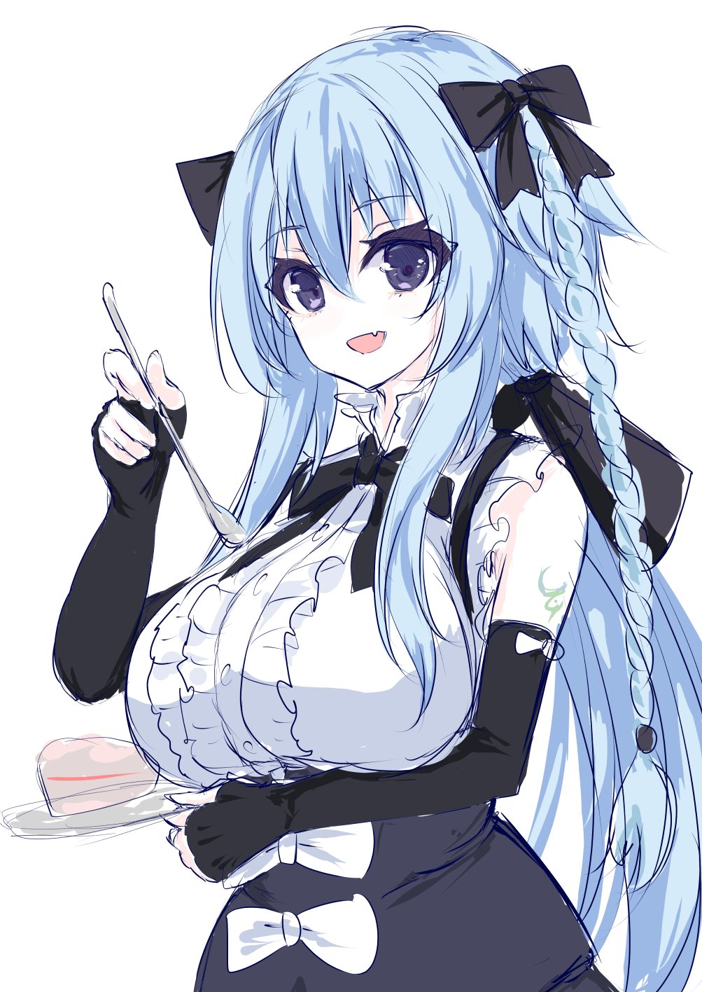 1girl, arm_tattoo, arm_under_breasts, assault_lily, black_bow, black_gloves, black_ribbon, blue_hair, bow, braid, breasts, buttons, cake, cake_slice, center_frills, commentary_request, elbow_gloves, fang, fingerless_gloves, food, frilled_shirt, frilled_shirt_collar, frills, gloves, hair_between_eyes, hair_bow, hands_up, highres, holding, holding_plate, holding_spoon, large_breasts, long_hair, looking_at_viewer, low_ponytail, mori_tatsuki, neck, neni_hatahachi, open_mouth, plate, ponytail, ribbon, school_uniform, shirt, simple_background, sketch, skin_fang, sleeveless, sleeveless_shirt, smile, spoon, standing, tattoo, upper_body, very_long_hair, violet_eyes, white_background, white_bow, yurigaoka_girls_academy_school_uniform
