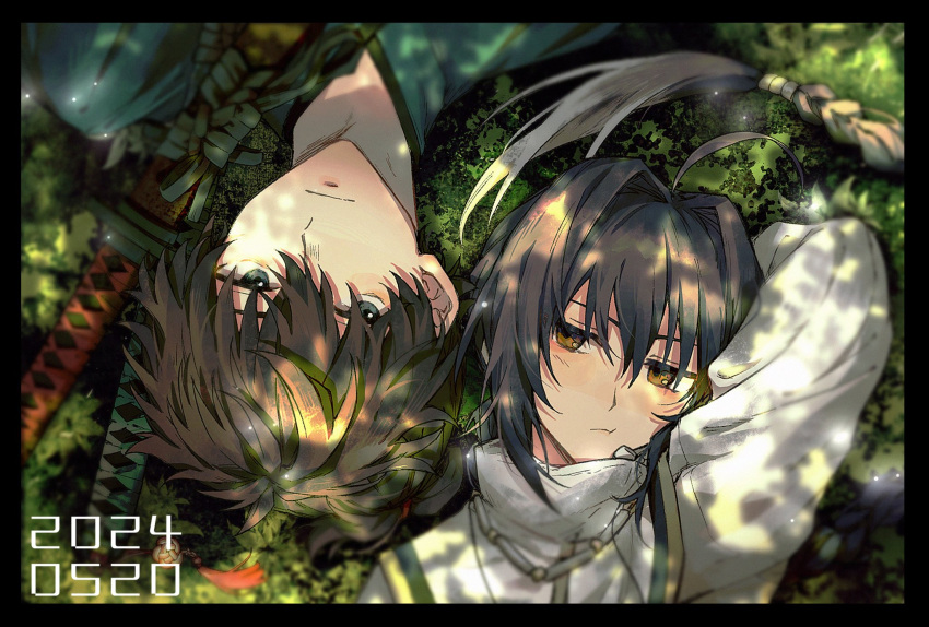 1boy, 1other, ahoge, androgynous, black_border, black_hair, blue_kimono, border, braid, close-up, dappled_sunlight, dated, fate/samurai_remnant, fate_(series), grey_eyes, hair_intakes, highres, japanese_clothes, jewelry, katana, kimono, long_braid, lying, miyamoto_iori_(fate), necklace, on_back, shokuhan_shio, sidelocks, single_braid, sunlight, sword, topknot, weapon, yamato_takeru_(fate), yellow_eyes