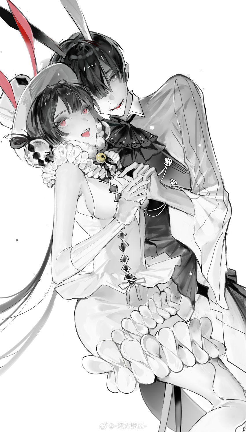 1boy, 1girl, absurdres, animal_ears, ascot, breasts, collared_shirt, dress