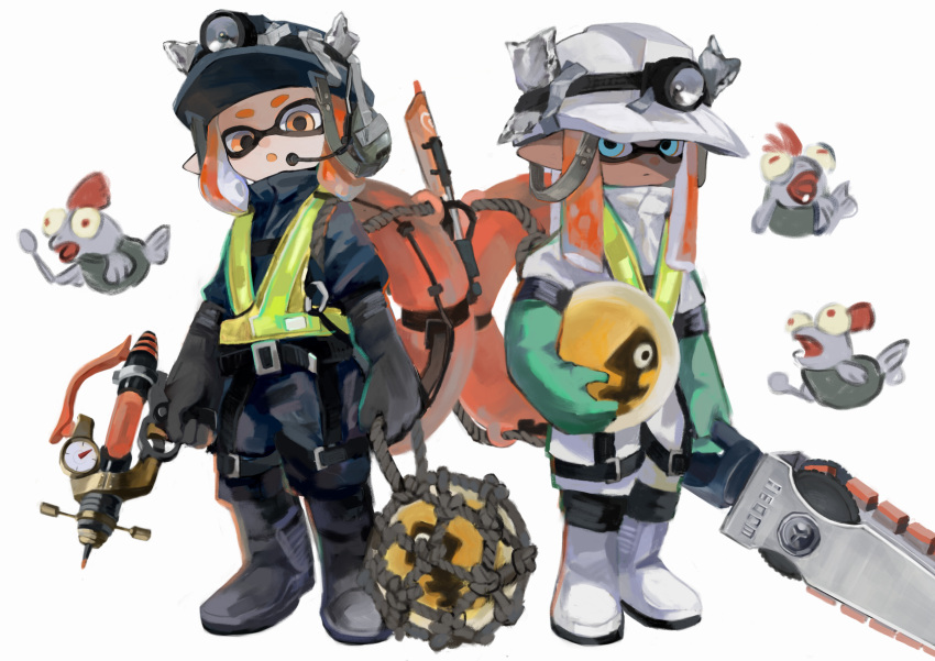 2girls, absurdres, arms_at_sides, black_footwear, black_gloves, black_helmet, black_jumpsuit, blue_eyes, boots, closed_mouth, commentary, earpiece, egg, expressionless, finger_on_trigger, flat_chest, full_body, gauge, gloves, golden_egg_(splatoon), headlamp, helmet, high-visibility_vest, highres, holding, holding_egg, holding_spoon, holding_weapon, inkling_girl, inkling_player_character, jumpsuit, kaxk_x, lifebuoy, long_hair, long_sleeves, looking_at_viewer, multiple_girls, net, open_mouth, orange_eyes, radio_antenna, rope, salmon_run_(splatoon), short_hair, sidelocks, simple_background, smallfry_(splatoon), splash-o-matic_(splatoon), splatana_stamper_(splatoon), splatoon_(series), splatoon_3, spoon, standing, suction_cups, swim_ring, tentacle_hair, tentacles, vest, weapon, white_background, white_footwear, white_helmet, white_jumpsuit, yellow_vest