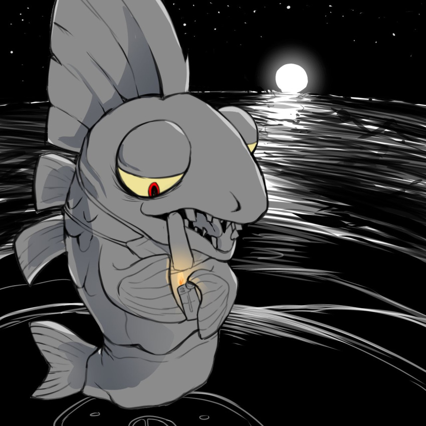 akkii_(dba_grs191), animal, animal_focus, bulging_eyes, clothed_animal, colored_sclera, commentary_request, fire, fish, full_body, full_moon, glowing, greyscale, half-closed_eyes, hands_up, highres, holding, holding_lighter, horizon, in-universe_location, lighter, lighting_cigarette, looking_down, mask, mask_around_neck, mohawk, monochrome, moon, mouth_hold, mouth_mask, night, no_humans, ocean, open_mouth, outdoors, pants, red_eyes, salmon_run_(splatoon), sky, smoking, solo, splatoon_(series), spot_color, standing, star_(sky), steel_eel_(splatoon), surgical_mask, teeth, tongue, yellow_sclera