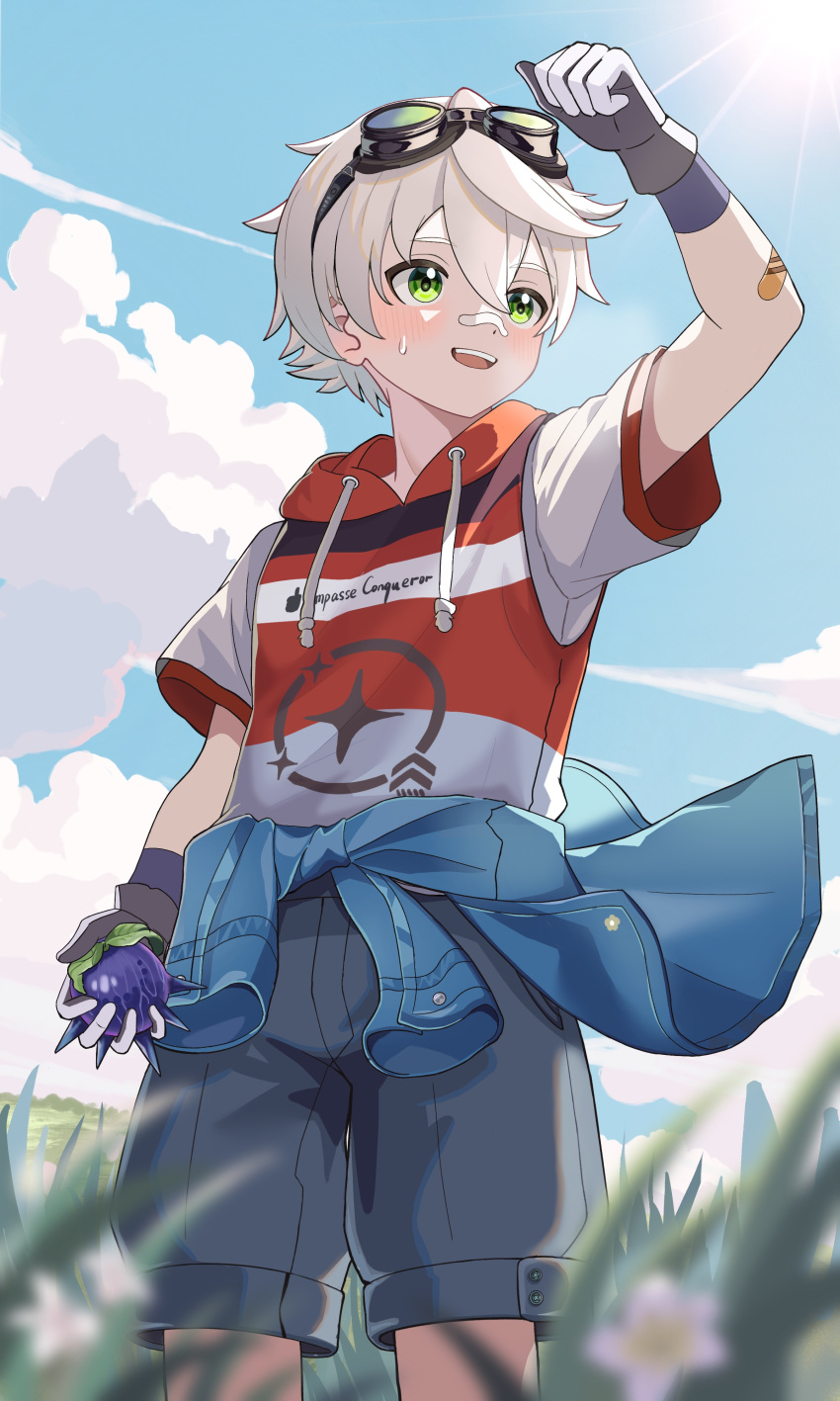1boy, absurdres, bandaid, bandaid_on_face, bennett_(genshin_impact), bennett_(keep)_(genshin_impact), black_pants, blue_sky