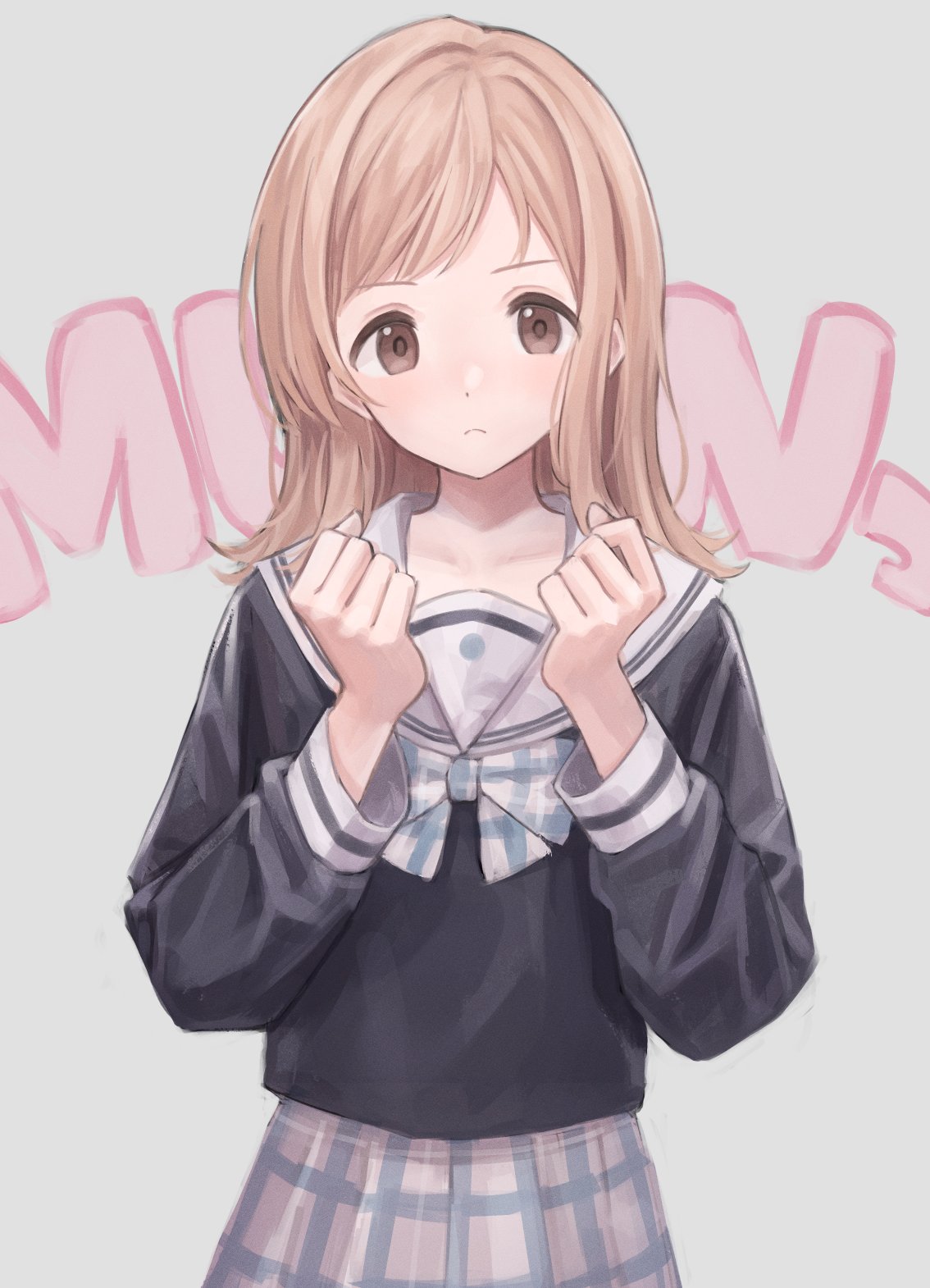 1girl, 3mptydays, :<, black_shirt, blue_bow, blue_bowtie, blue_skirt, bow, bowtie, brown_eyes, checkered_bow, checkered_bowtie, checkered_clothes, checkered_skirt, clenched_hands, dot_nose, hands_up, highres, idolmaster, idolmaster_shiny_colors, light_blush, light_brown_hair, long_sleeves, looking_at_viewer, medium_hair, pleated_skirt, sailor_collar, sakuragi_mano, school_uniform, serious, shirt, sidelocks, skirt, solo, text_background, upper_body, white_background, white_sailor_collar