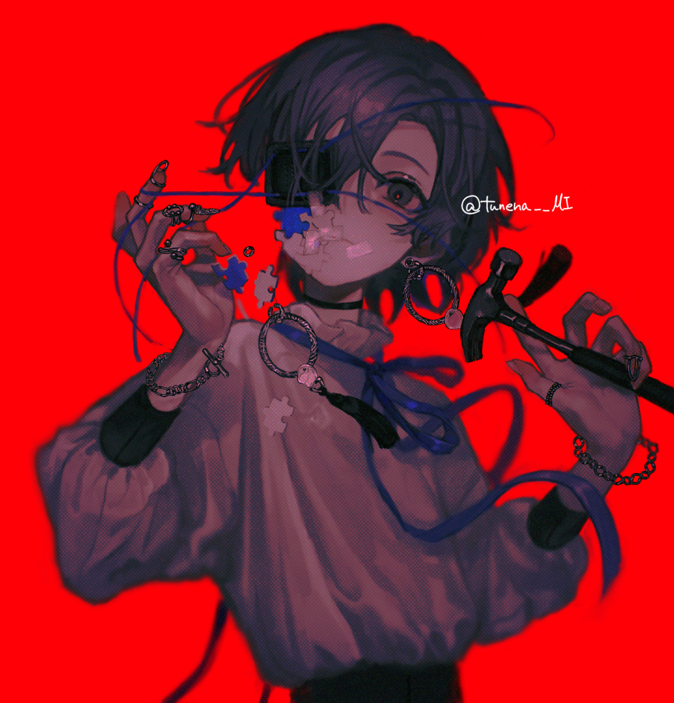 artist_name, baggy_clothes, black_choker, blue_eyes, blue_ribbon, chain, chain_bracelet, choker