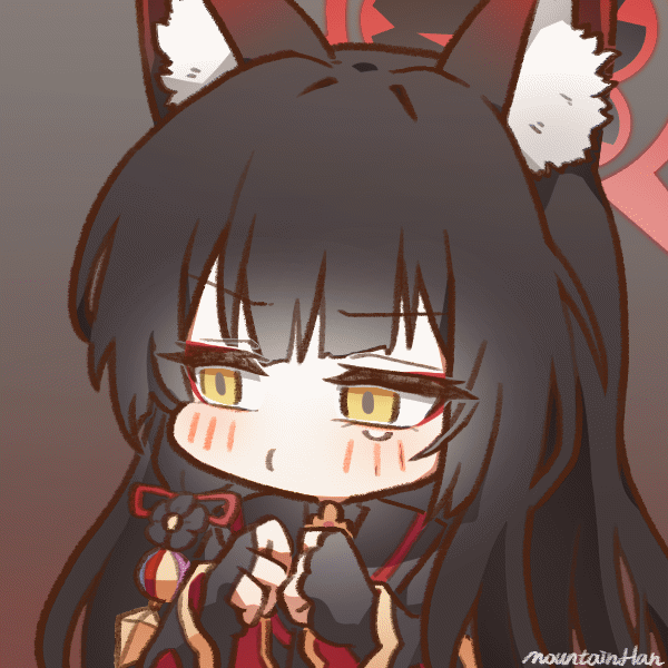 1girl, animal_ear_fluff, animal_ears, animated, animated_gif, artist_name, black_gloves, black_hair, blinking, blue_archive, blush, closed_mouth, fingerless_gloves, fox_ears, gloves, halo, hands_up, long_hair, mountain_han, red_halo, simple_background, solo, upper_body, wakamo_(blue_archive), yellow_eyes