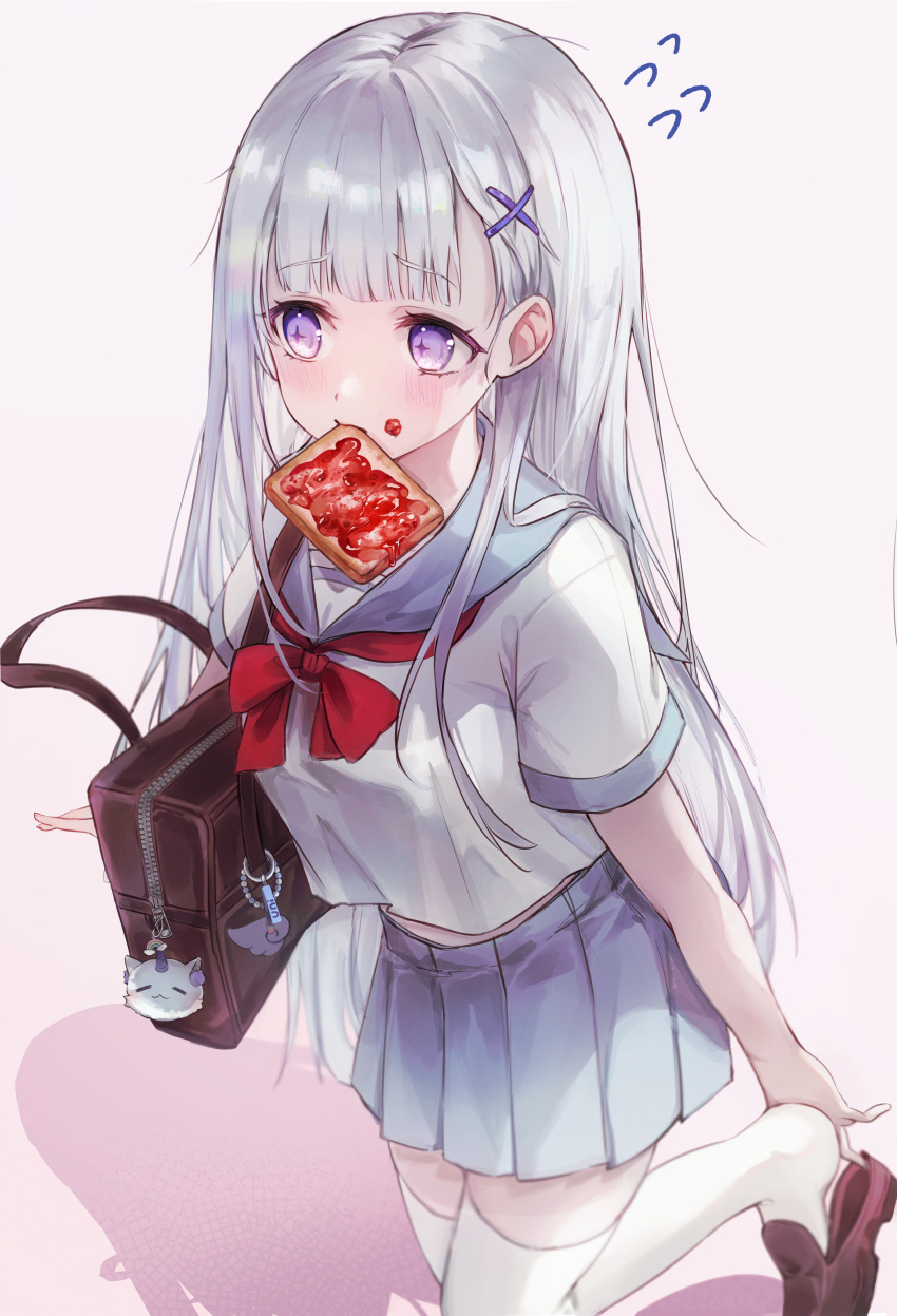 1girl, absurdres, ayatsuno_yuni, bag, blue_sailor_collar, blue_skirt, blunt_bangs, bow