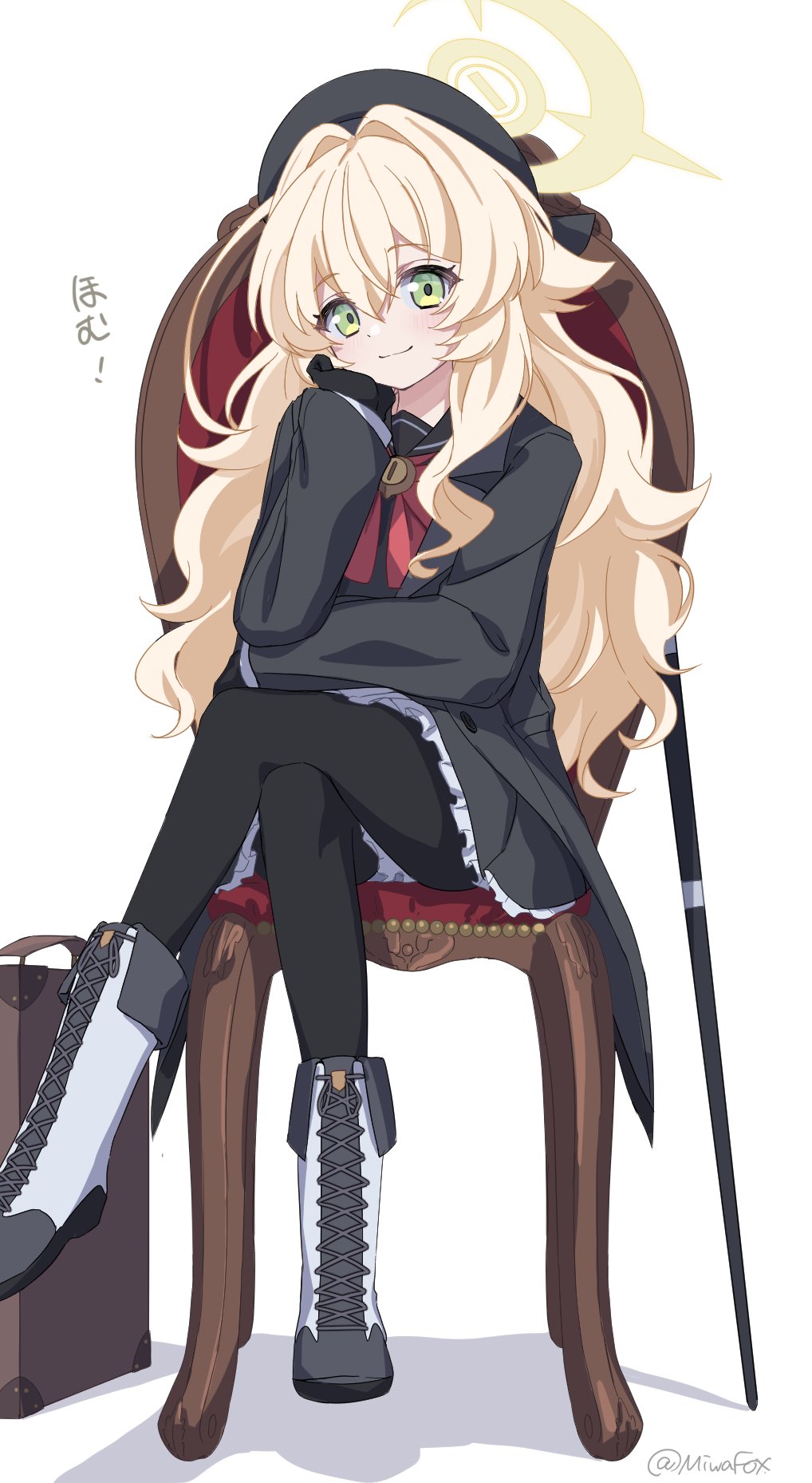 1girl, black_gloves, black_hat, black_jacket, black_pantyhose, blonde_hair, blue_archive, boots