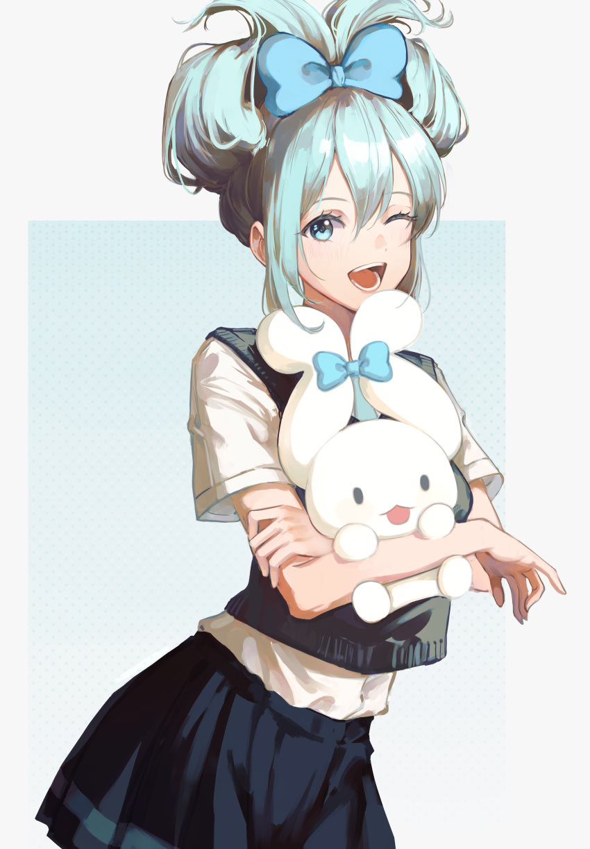 1girl, ;d, absurdres, animal, aqua_background, aqua_eyes, aqua_hair, black_skirt