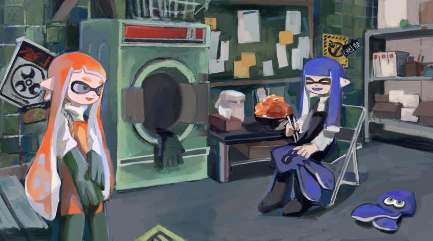 2girls, ^_^, absurdres, apron, black_apron, black_footwear, blue_hair, blunt_bangs