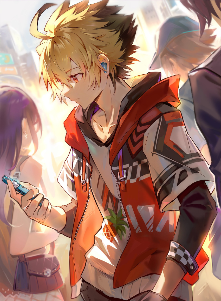 1girl, 3boys, ahoge, blonde_hair, brown_hair, hand_in_pocket, highres, hood