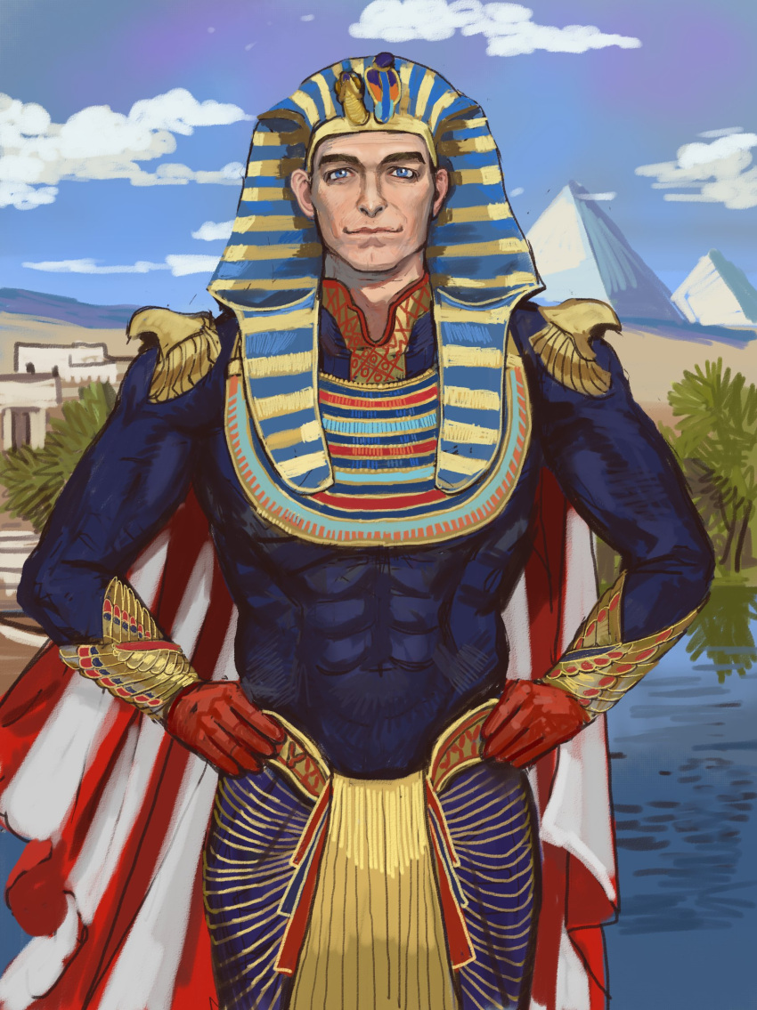 1boy, absurdres, blue_bodysuit, blue_eyes, blue_sky, bodysuit, cape, clouds