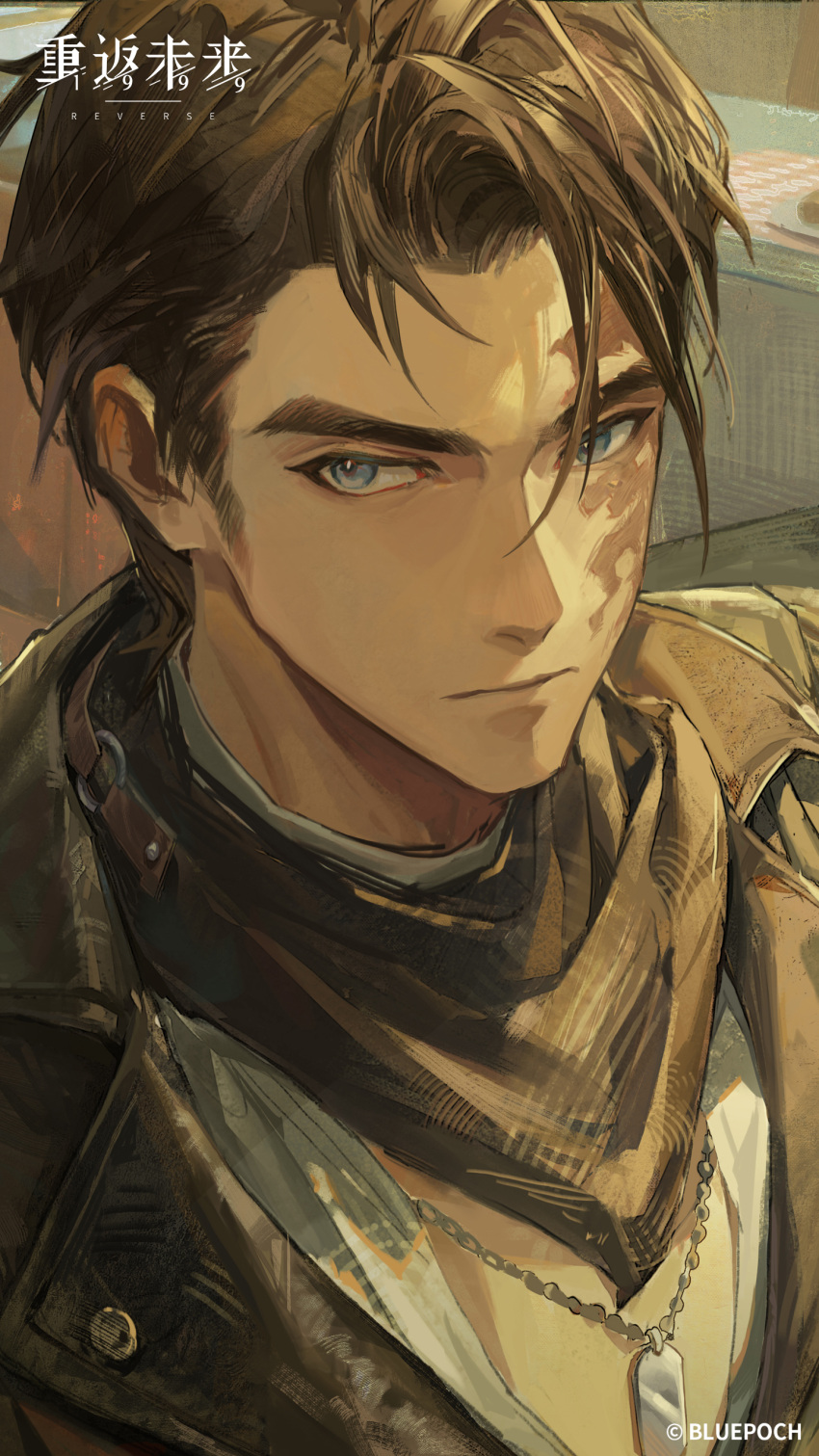 1boy, absurdres, black_hair, black_jacket, black_neckerchief, blue_eyes, burn_scar, closed_mouth
