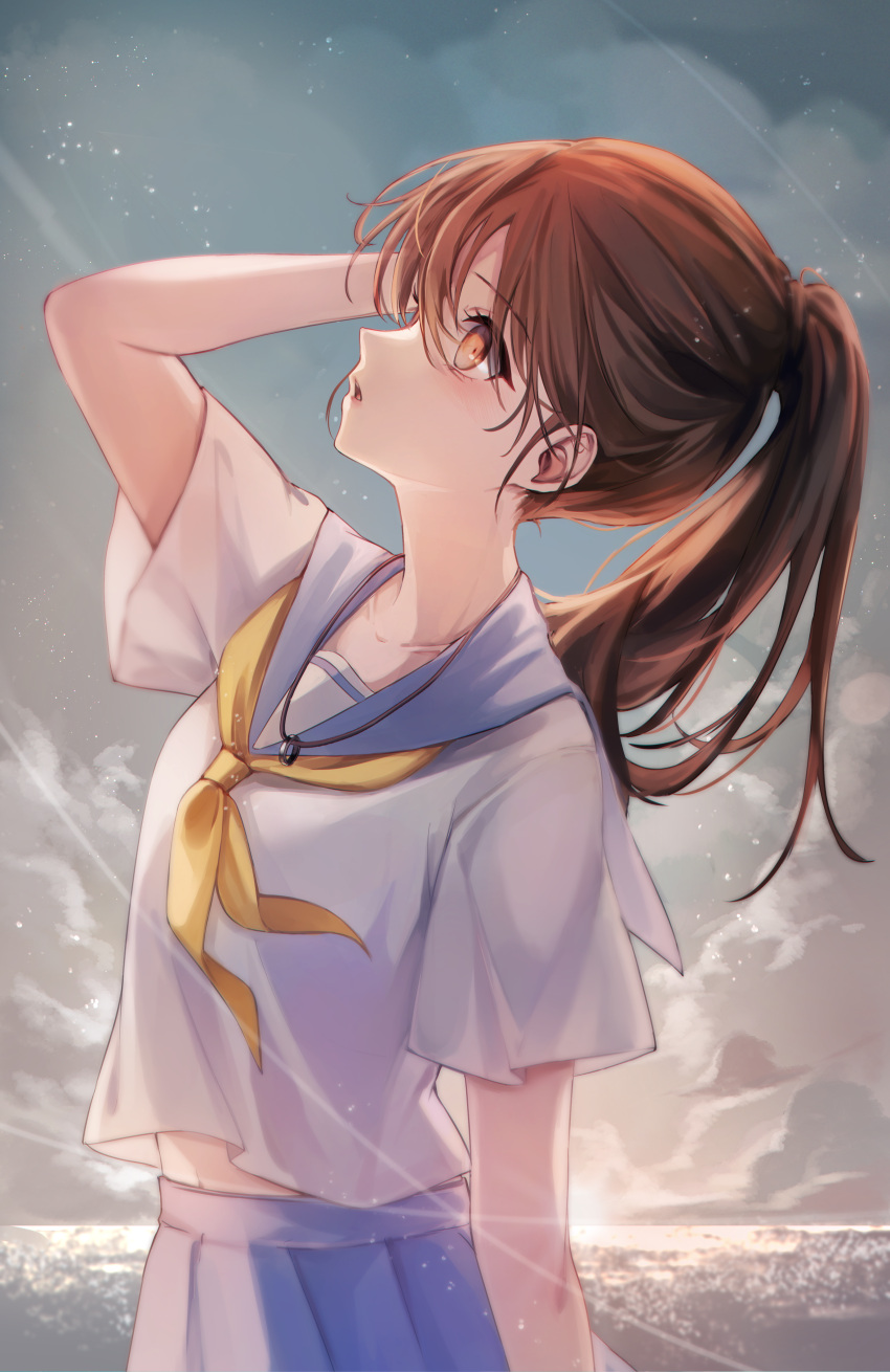 1girl, absurdres, blue_sailor_collar, blue_skirt, blue_sky, brown_hair, clouds, cloudy_sky