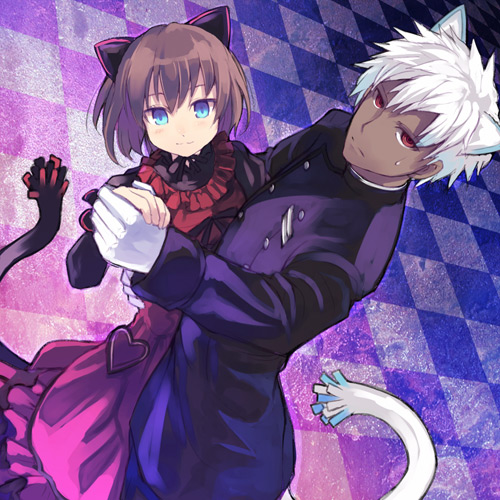 a_(shiei_no_sona-nyl), blue_eyes, brown_hair, cat_ears, dancing, dark_skin, dress, lily_(shiei_no_sona-nyl), lowres, red_eyes, shibano_kaito, shiei_no_sona-nyl, short_hair, sweatdrop, tail, uniform, white_hair