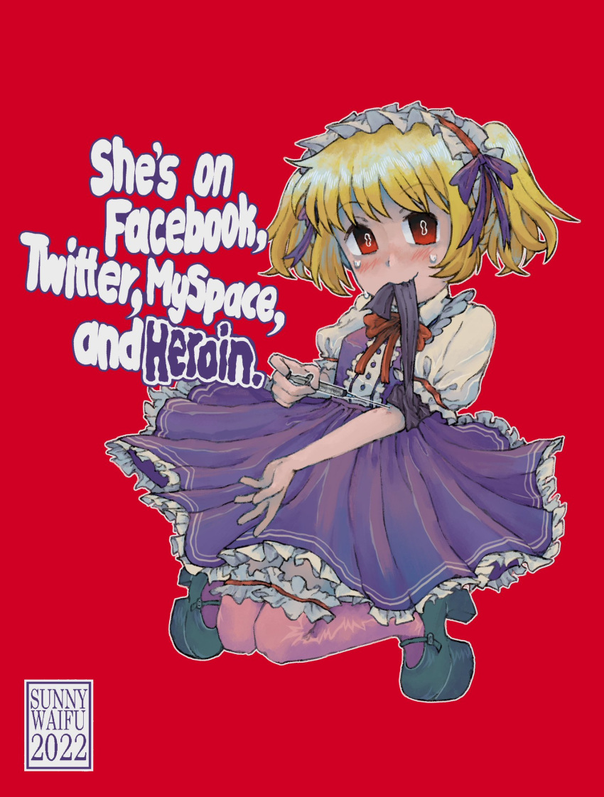 1girl, blonde_hair, comedy, dress, drugs, english_text, female, hair_ornament, happy, heroin, looking_at_viewer, red_eyes, short_hair, solo, sunny_waifu, sweatdrop, syringe, twintails