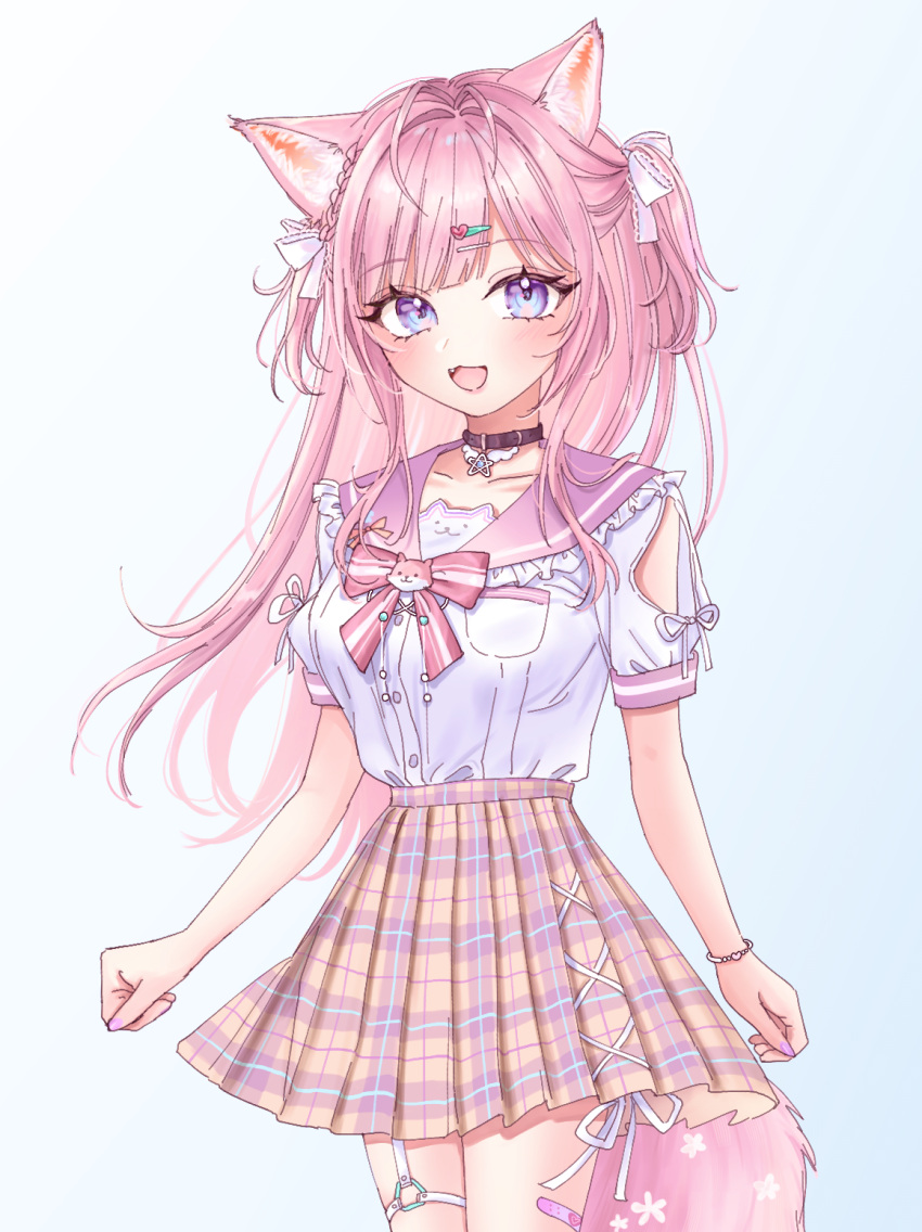 1girl, :3, animal_ears, antenna_hair, arm_cutout, bandaid_on_thigh, belt, belt_collar, blue_background, blush, braid, breasts, choker, collar, collarbone, commentary, fang, fingernails, frilled_sailor_collar, frills, hair_ornament, hair_ribbon, hairclip, hakui_koyori, hakui_koyori_(school_uniform), heart, heart_bracelet, heart_hair_ornament, highres, hololive, kokoro_(hakui_koyori), large_breasts, long_hair, looking_at_viewer, nail_polish, open_mouth, pink_bandaid, pink_hair, pink_nails, pink_ribbon, pink_sailor_collar, pink_skirt, plaid_clothes, plaid_skirt, pleated_skirt, pocket, purple_belt, purple_choker, purple_collar, ribbon, sailor_collar, school_uniform, sein_025, serafuku, short_sleeves, simple_background, skirt, smile, solo, standing, star_ornament, striped_ribbon, tail, thigh_belt, thigh_strap, thighs, two-tone_ribbon, two_side_up, violet_eyes, virtual_youtuber, white_ribbon, white_serafuku, wing_collar, wolf_ears, wolf_girl, wolf_ornament, wolf_tail