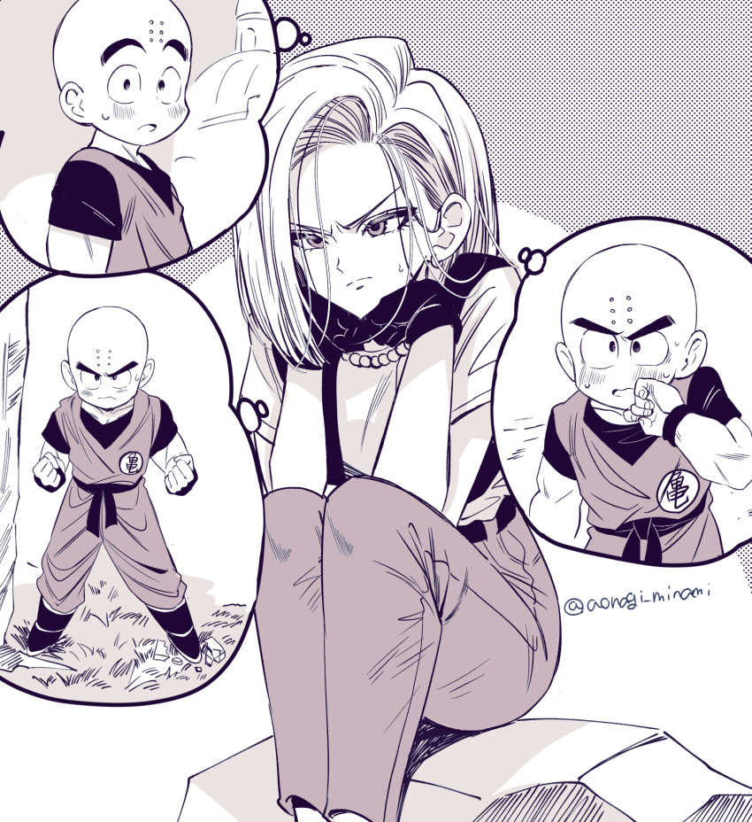 1boy, 1girl, android_18, aonagi_minami, bald, blush, commentary_request, dougi, dragon_ball, dragon_ball_z, earrings, gloves, greyscale, halftone, hands_on_own_cheeks, hands_on_own_face, highres, jewelry, knees_to_chest, kuririn, monochrome, multiple_views, necklace, no_nose, open_mouth, pearl_necklace, rock, shirt_tucked_in, short_hair, short_sleeves, sitting, sitting_on_rock, sweatdrop, thought_bubble, twitter_username