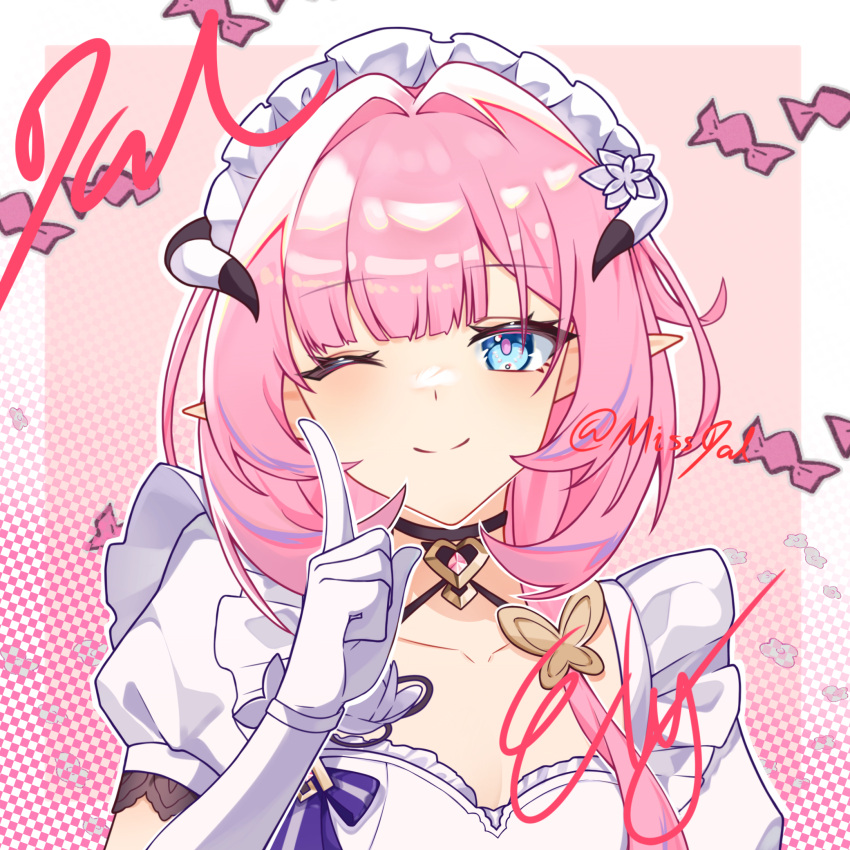 1girl, black_choker, blue_eyes, butterfly_hair_ornament, choker, closed_mouth, elf, elysia_(honkai_impact), elysia_(miss_pink)_(honkai_impact), elysia_(miss_pink_elf)_(honkai_impact), fake_horns, gloves, hair_between_eyes, hair_ornament, highres, honkai_(series), honkai_impact_3rd, horns, long_hair, maid, maid_headdress, missdal, one_eye_closed, pink_background, pink_hair, pointing, pointing_up, pointy_ears, puffy_short_sleeves, puffy_sleeves, short_sleeves, smile, upper_body, white_gloves