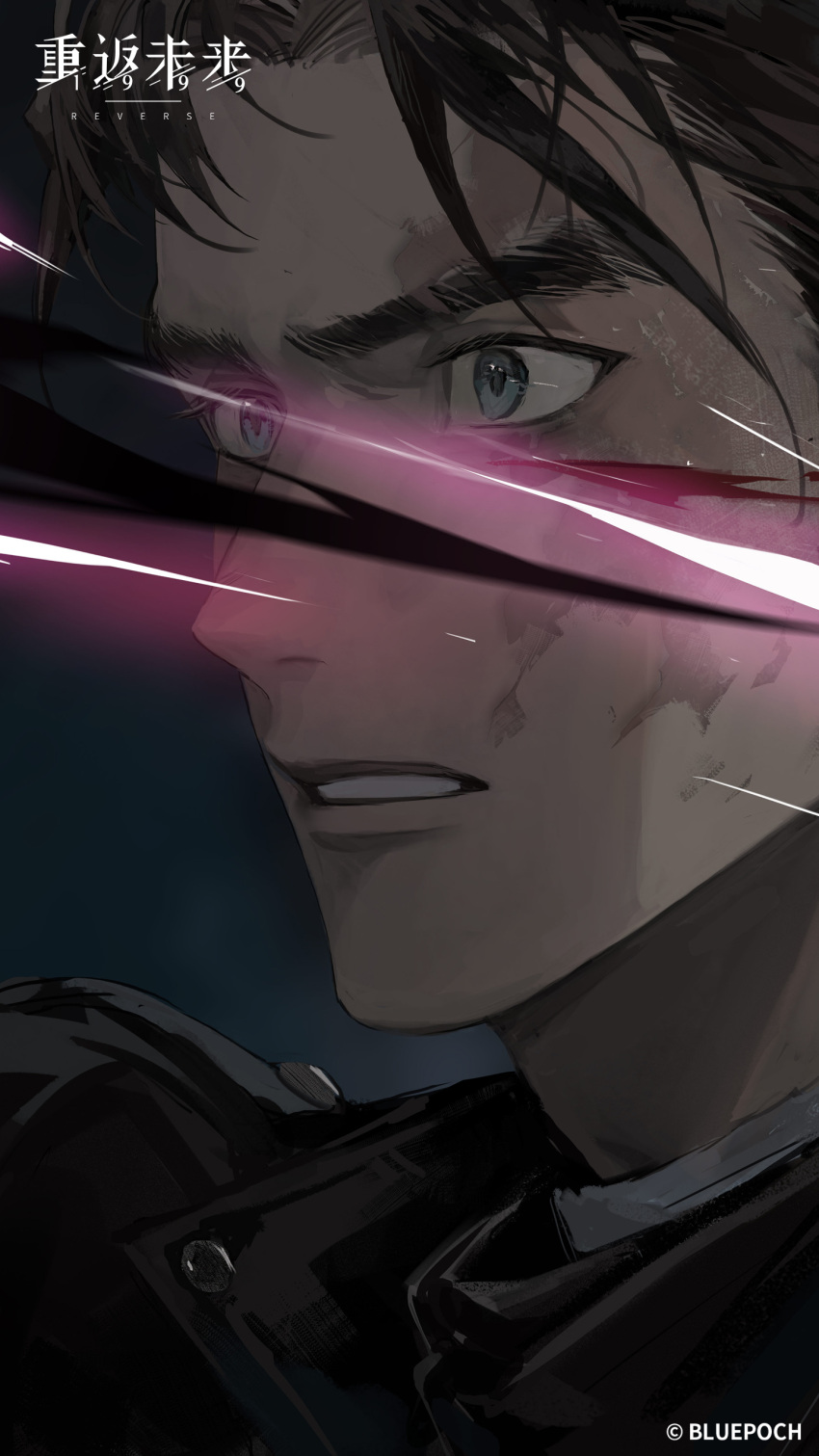 1boy, absurdres, black_hair, black_jacket, bleeding, blood, blood_on_face, blue_eyes