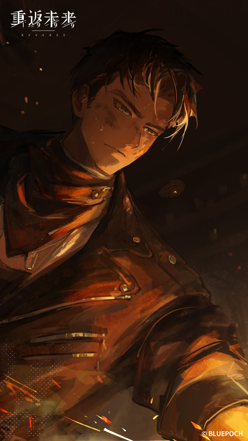 1boy, absurdres, black_hair, black_jacket, black_neckerchief, burn_scar, closed_mouth, copyright_name