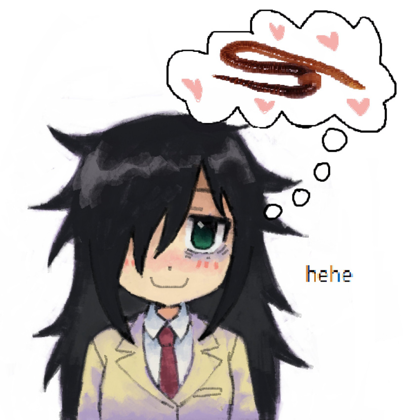 1girl, black_hair, comedy, earthworm, female, happy, heart, kuroki_tomoko, long_hair, looking_up, meme, necktie, school_uniform, smile, solo, sunny_waifu, thought_bubble, watashi_ga_motenai_no_wa_dou_kangaetemo_omaera_ga_warui!, white_background