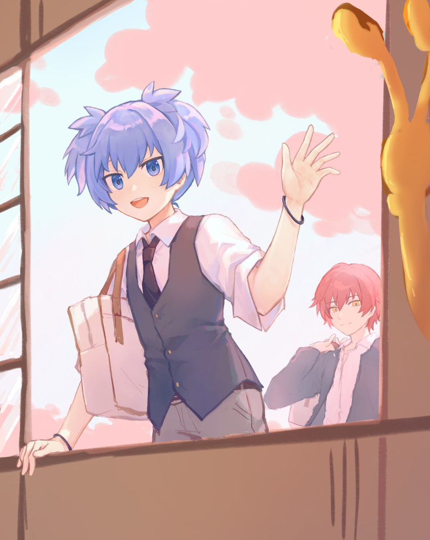 2boys, absurdres, akabane_karma, ansatsu_kyoushitsu, bag, black_jacket, black_necktie, blue_eyes