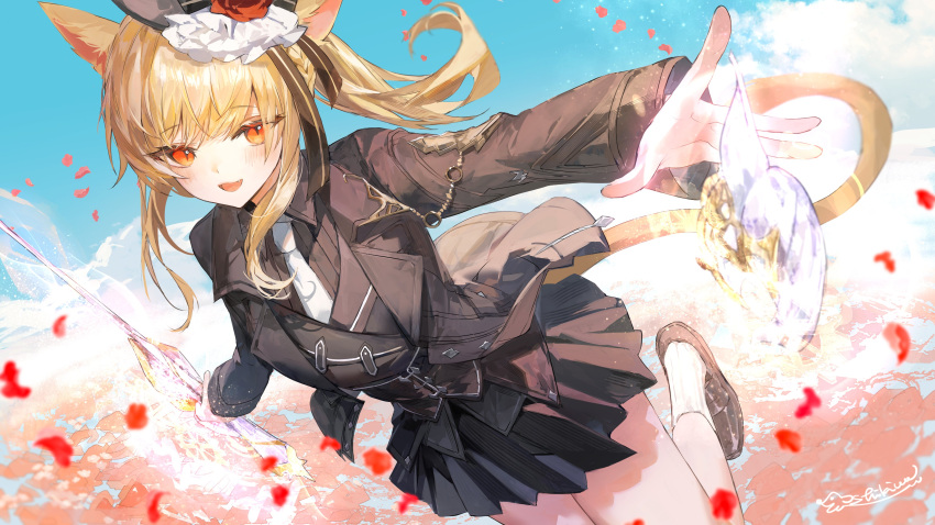 1girl, absurdres, animal_ears, black_footwear, black_jacket, black_skirt, blonde_hair, blush, cat_ears, commentary, commission, fang, final_fantasy, final_fantasy_xiv, hashtag-only_commentary, highres, holding, holding_sword, holding_weapon, jacket, miqo'te, necktie, open_mouth, orange_eyes, pleated_skirt, shikina_(mochigushi_), sidelocks, skeb_commission, skirt, slit_pupils, socks, solo, sword, warrior_of_light_(ff14), weapon, white_necktie, white_socks