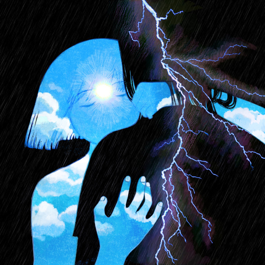 1boy, 1girl, blue_sky, breasts, closed_eyes, clouds, fingernails, hair_between_eyes, huge_breasts, lightning, original, rain, short_hair, sidelocks, simple_background, sky, sun, sunlight, thunder, upper_body, yin_0909