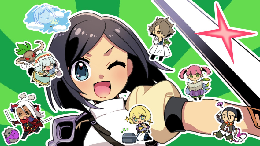 >_<, +_+, 3boys, 4girls, ;d, black_hair, blonde_hair, chibi