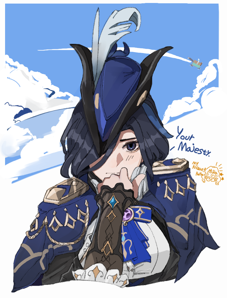 2girls, ascot, black_hair, blue_ascot, blue_cape, blue_sky, cape, capkal