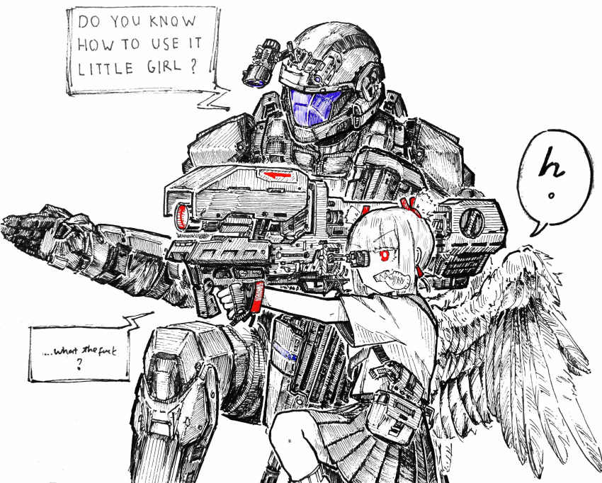 1girl, 1other, absurdres, angel_wings, armor, english_text, feathered_wings, fingerless_gloves