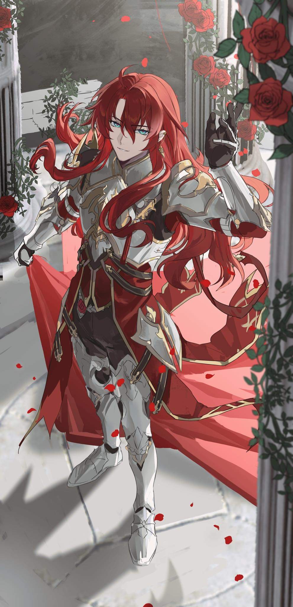 1boy, argenti_(honkai:_star_rail), armor, blue_eyes, breastplate, cape, commentary, cuisses, curtained_hair, english_commentary, flower, from_above, gold_trim, greaves, hair_behind_ear, hair_between_eyes, hair_intakes, hand_up, highres, holding, holding_cape, holding_clothes, honkai:_star_rail, honkai_(series), knight, long_hair, long_hair_between_eyes, looking_at_viewer, male_focus, noirdetsuki, pauldrons, poleyn, red_cape, red_flower, red_rose, redhead, rose, sabaton, shoulder_armor, solo, white_armor