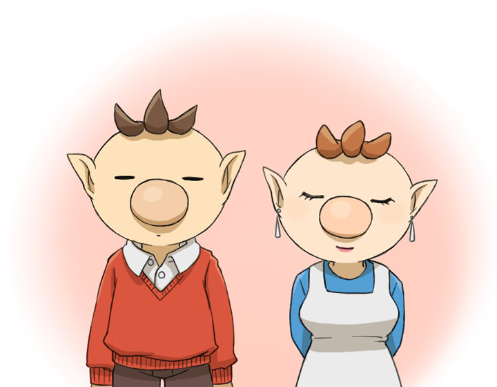 1boy, 1girl, alternate_costume, apron, arms_behind_back, big_nose, blue_shirt, breasts