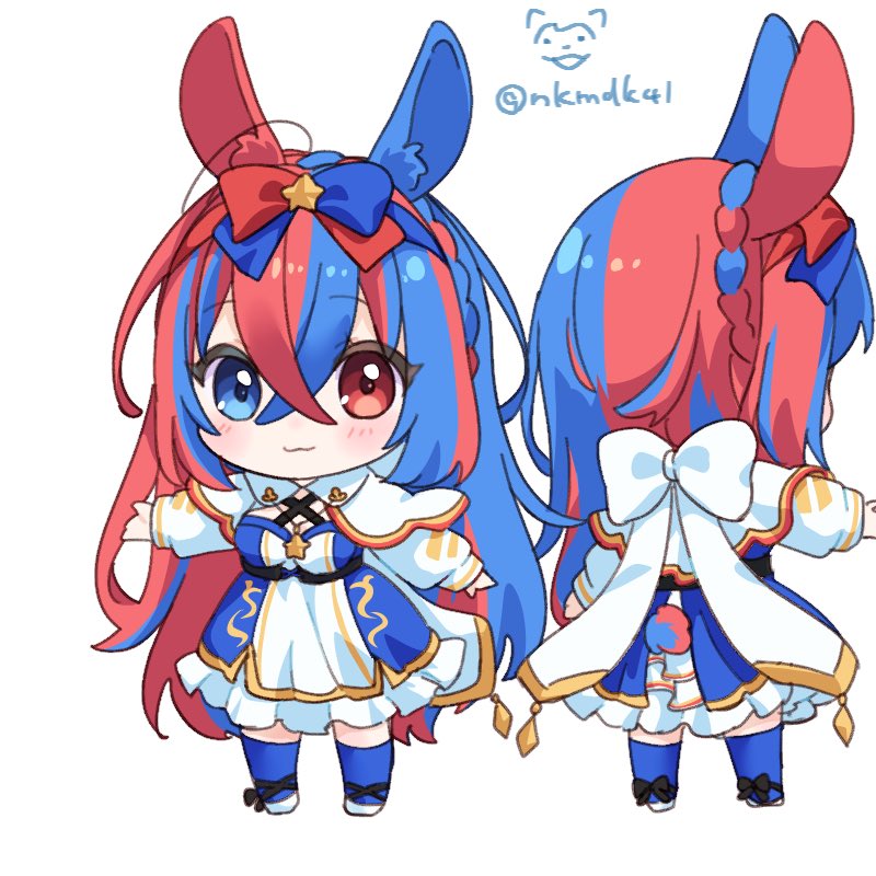 1girl, alear_(female)_(fire_emblem), alear_(fire_emblem), animal_ears, blue_eyes, blue_hair, braid, crossed_bangs, crown_braid, fire_emblem, fire_emblem_engage, heterochromia, long_hair, multicolored_hair, nkmdk41, rabbit_ears, rabbit_girl, rabbit_tail, red_eyes, redhead, solo, tail, twitter_username, two-tone_hair, very_long_hair