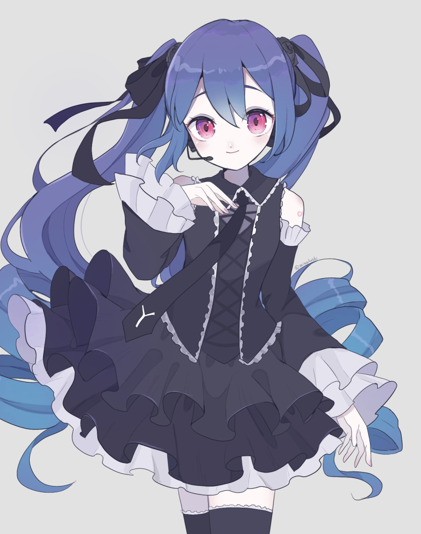 1girl, anti_the_infinite_holic_(vocaloid), blue_hair, collared_shirt, cowboy_shot, cross-laced_clothes, cross-laced_top, detached_sleeves, frilled_skirt, frilled_sleeves, frills, hair_ribbon, hand_on_own_chest, hatsune_miku, headset, highres, long_hair, long_sleeves, looking_at_viewer, minahoshi37, multicolored_hair, necktie, pink_eyes, ribbon, ringlets, shirt, skirt, sleeveless, sleeveless_shirt, smile, solo, thigh-highs, very_long_hair, vocaloid